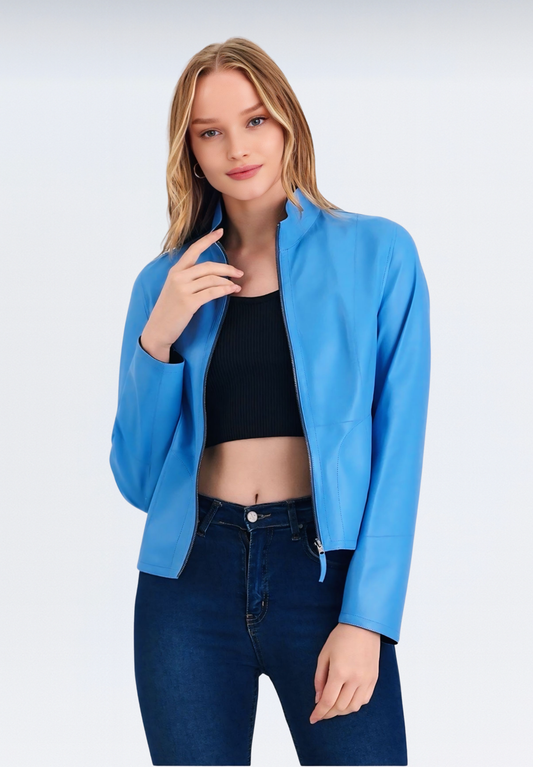 Çift Taraflı Lüks Kadın Deri Ceket | Mavi Elfu
