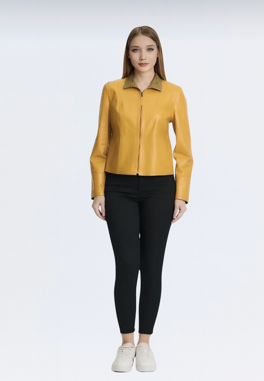 Çift Taraflı Kareli Deri Ceket | Sarı