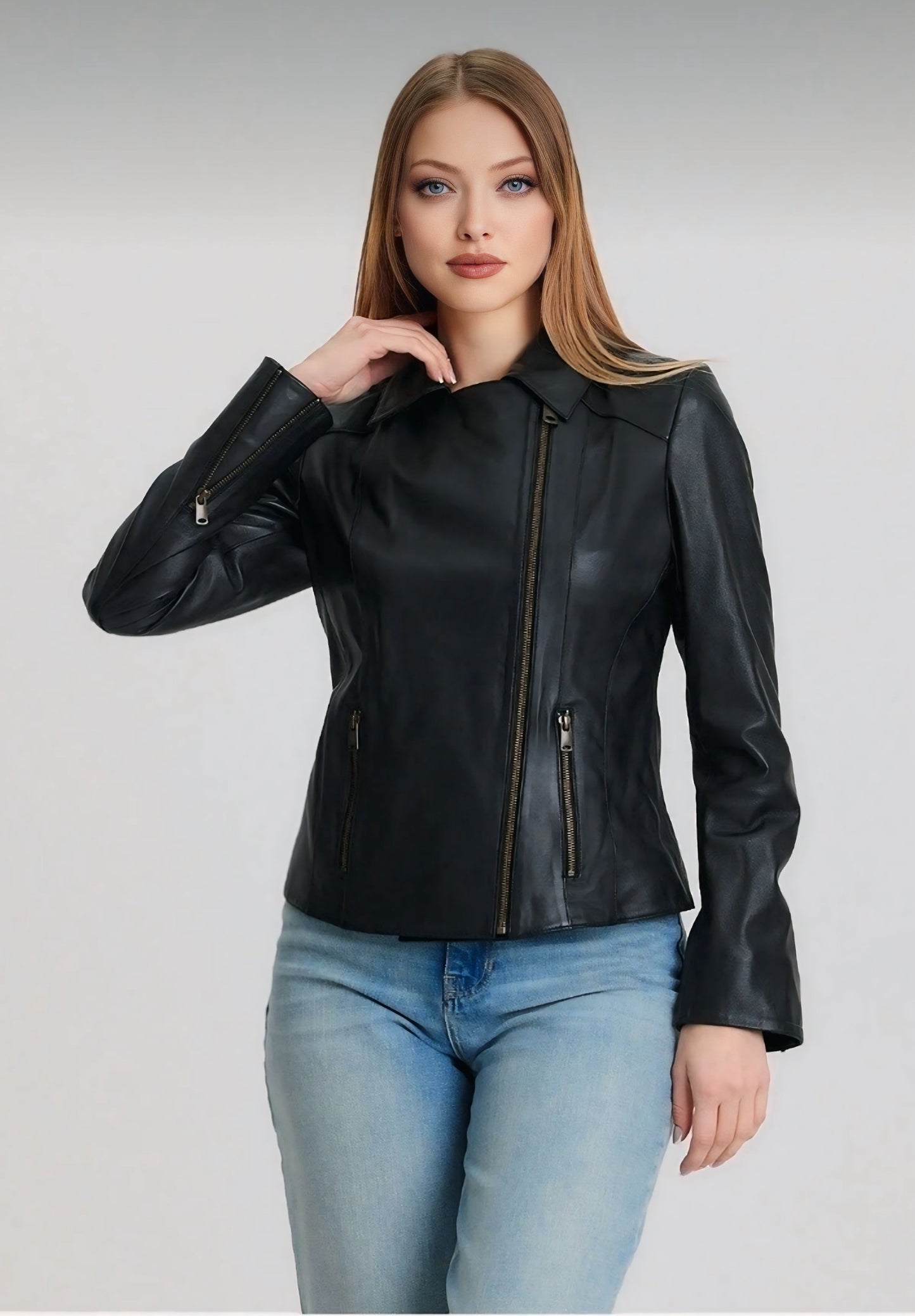 Black Lambskin Zippered Women's Jacket - Model Z