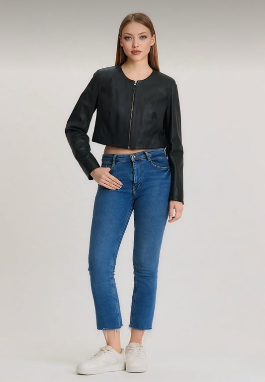 Black Lambskin Zippered Women's Jacket - Model X