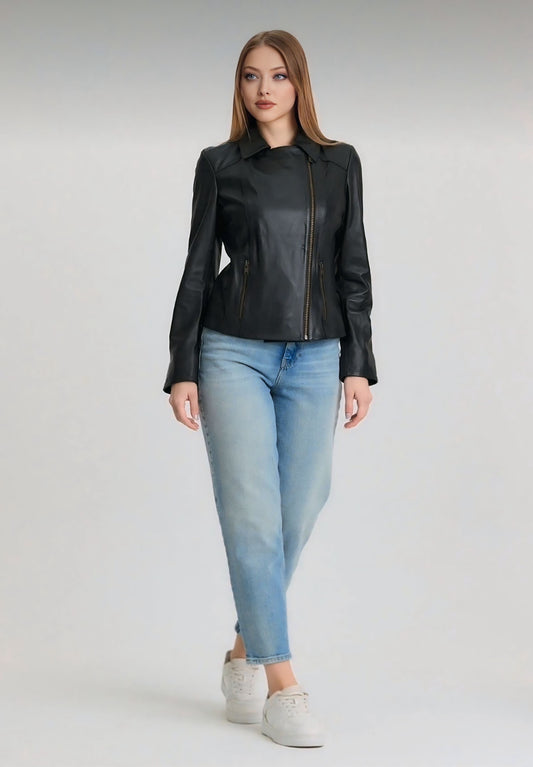 Black Lambskin Zippered Women's Jacket - Model Z
