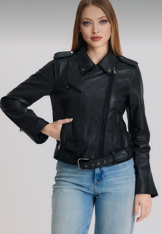 Siyah Kuzu Derisi Astarlı BIKER Kadın Ceket
