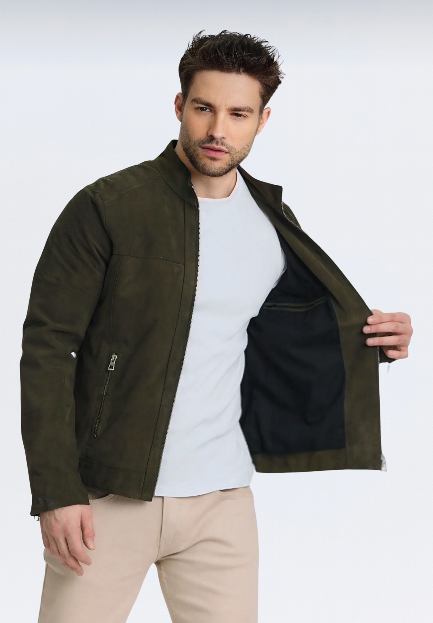 Premium Süet Erkek Deri Ceket | Haki