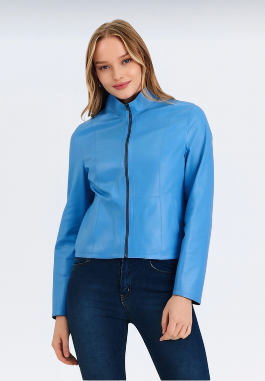Çift Taraflı Lüks Kadın Deri Ceket | Mavi Elfu