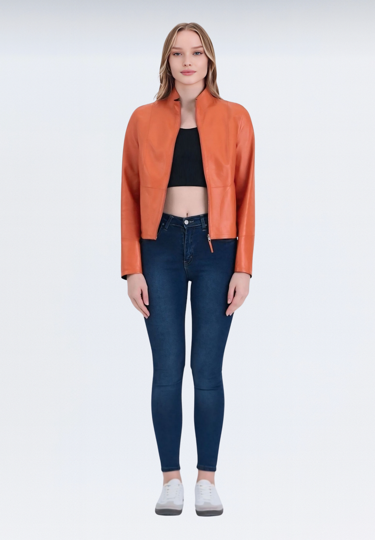 Çift Taraflı Lüks Kadın Deri Ceket | Turuncu Elfu