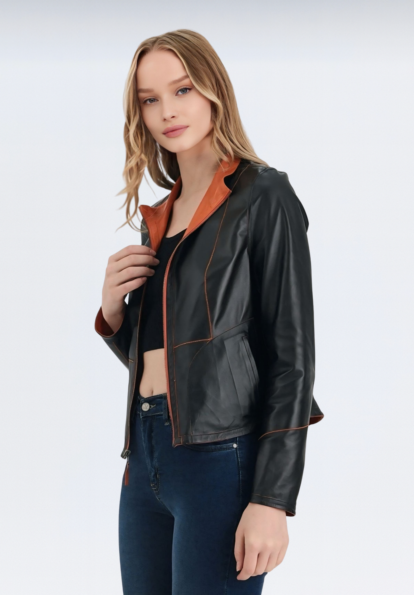Çift Taraflı Lüks Kadın Deri Ceket | Turuncu Elfu
