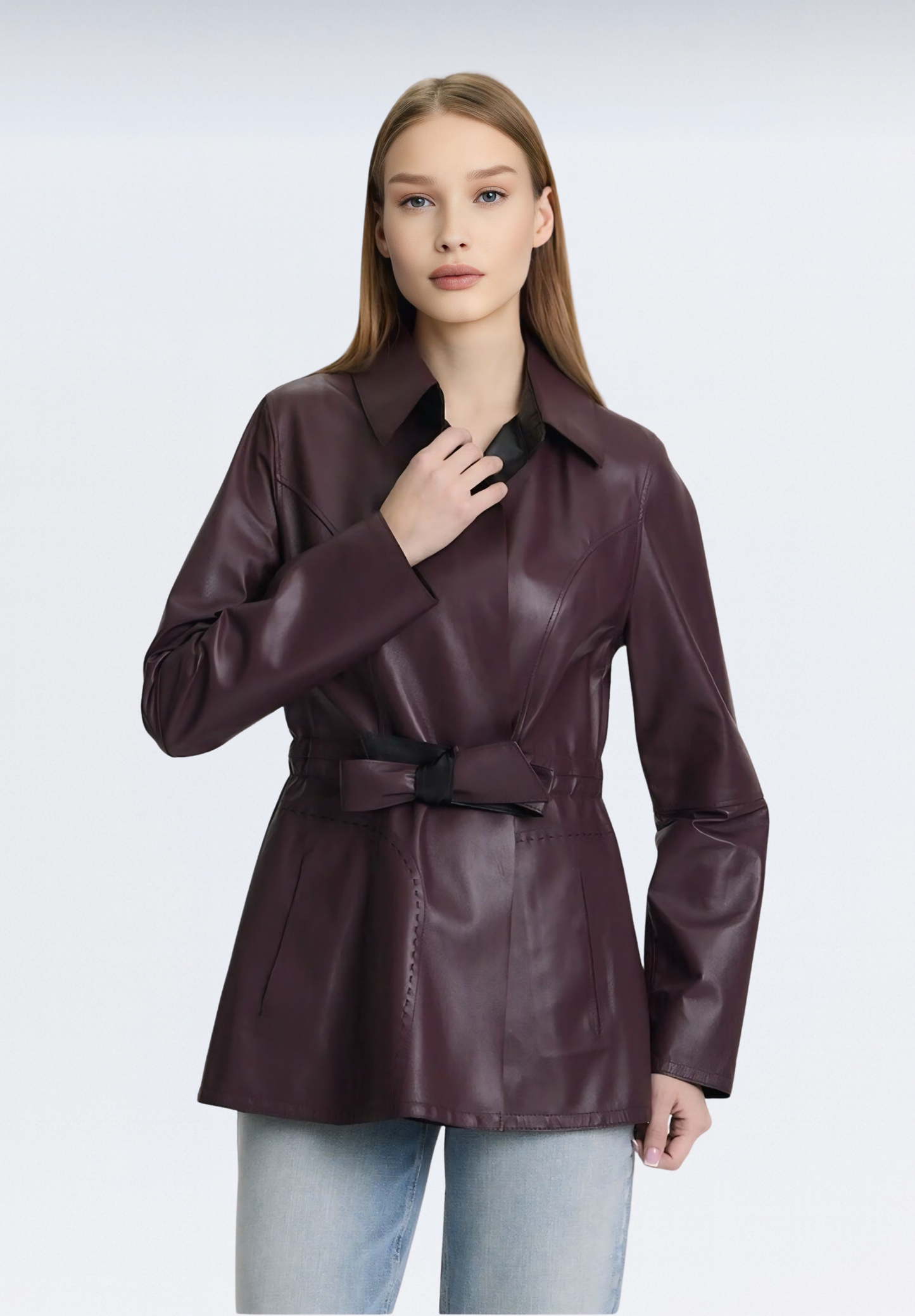 Çift Taraflı Kuşaklı Deri Trençkot | Mor