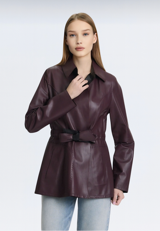 Çift Taraflı Kuşaklı Deri Trençkot | Mor