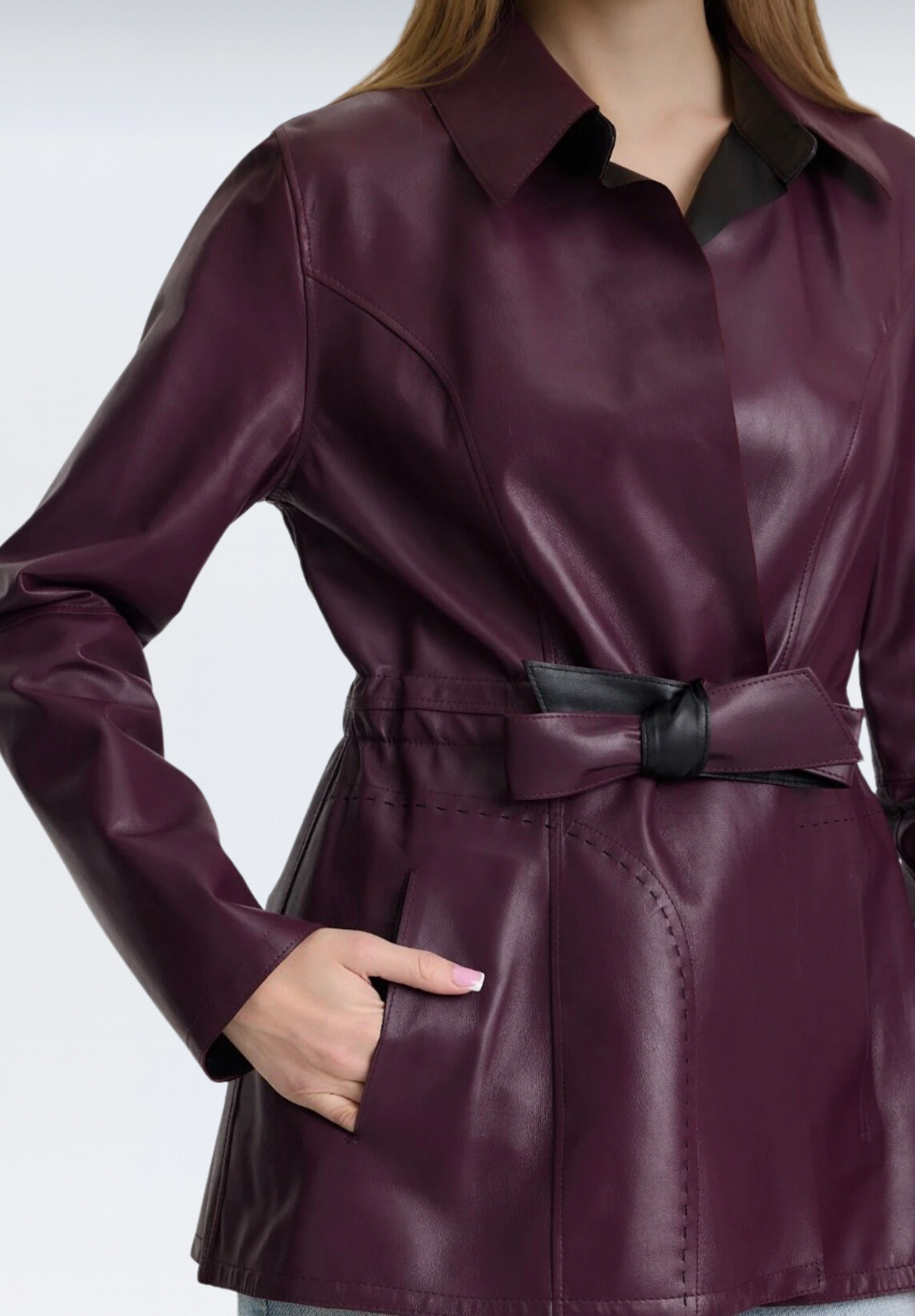 Çift Taraflı Kuşaklı Deri Trençkot | Mor