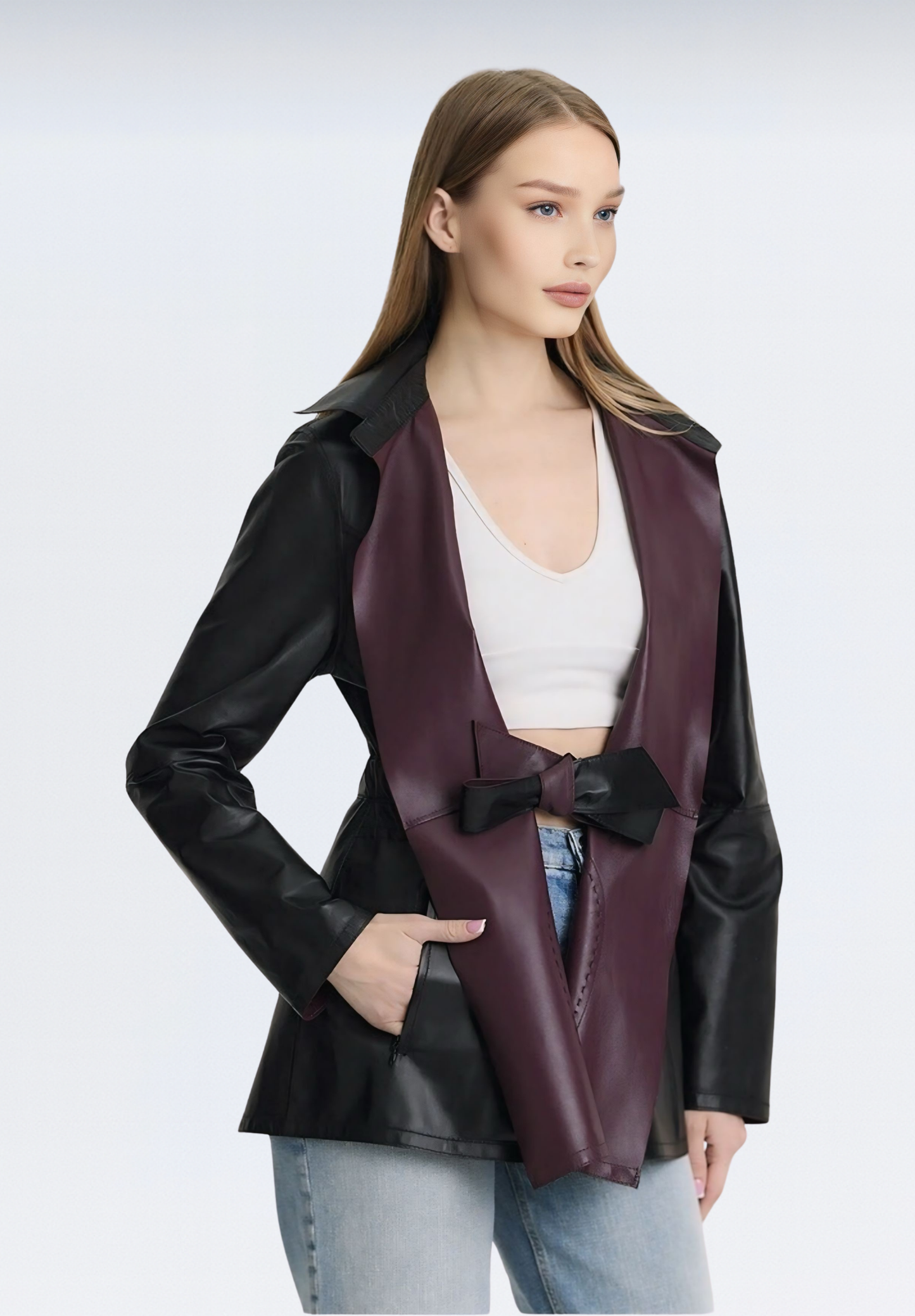 Çift Taraflı Kuşaklı Deri Trençkot | Mor
