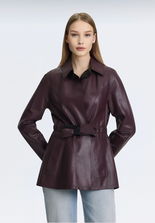 Çift Taraflı Kuşaklı Deri Trençkot | Mor