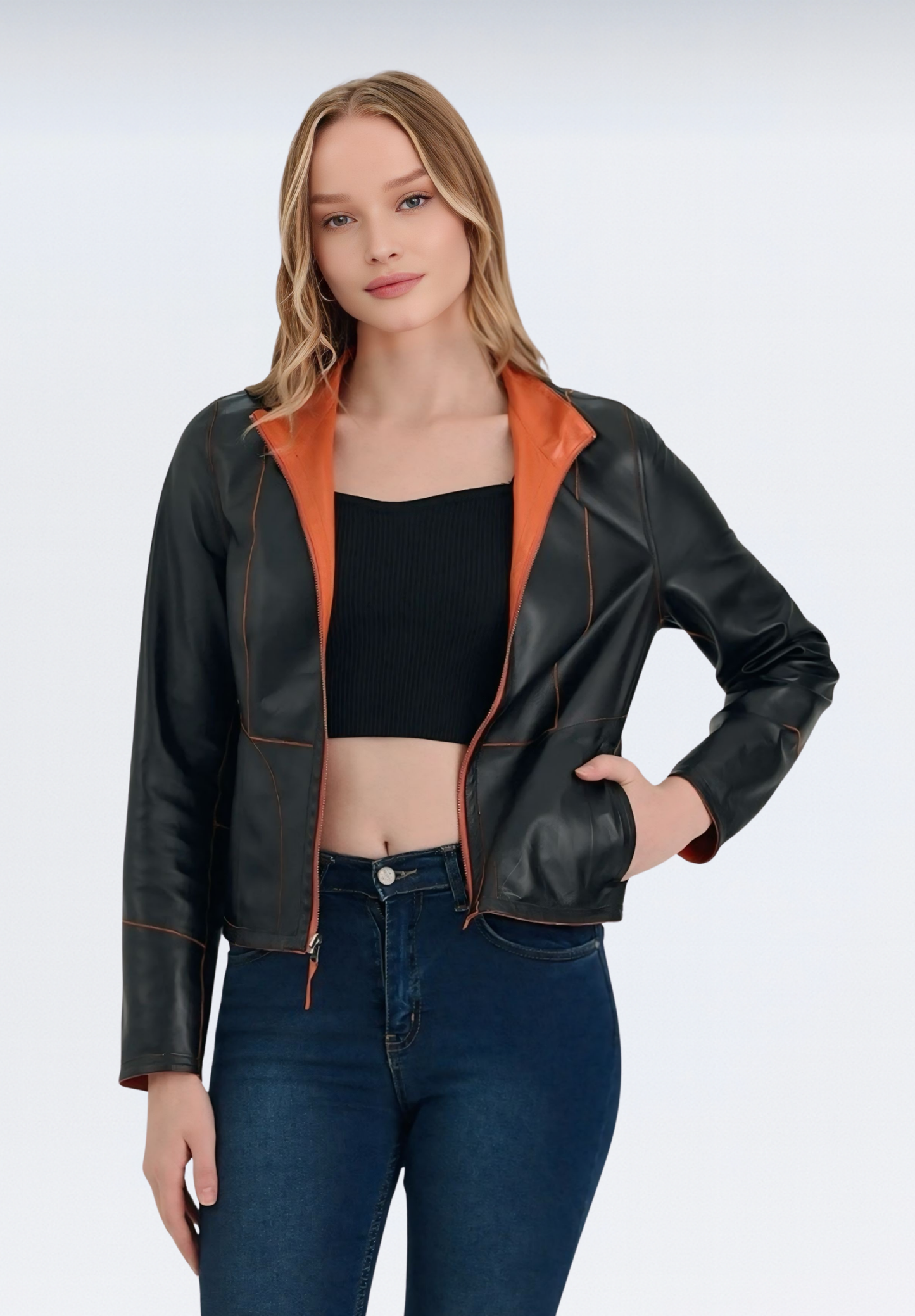 Çift Taraflı Lüks Kadın Deri Ceket | Turuncu Elfu