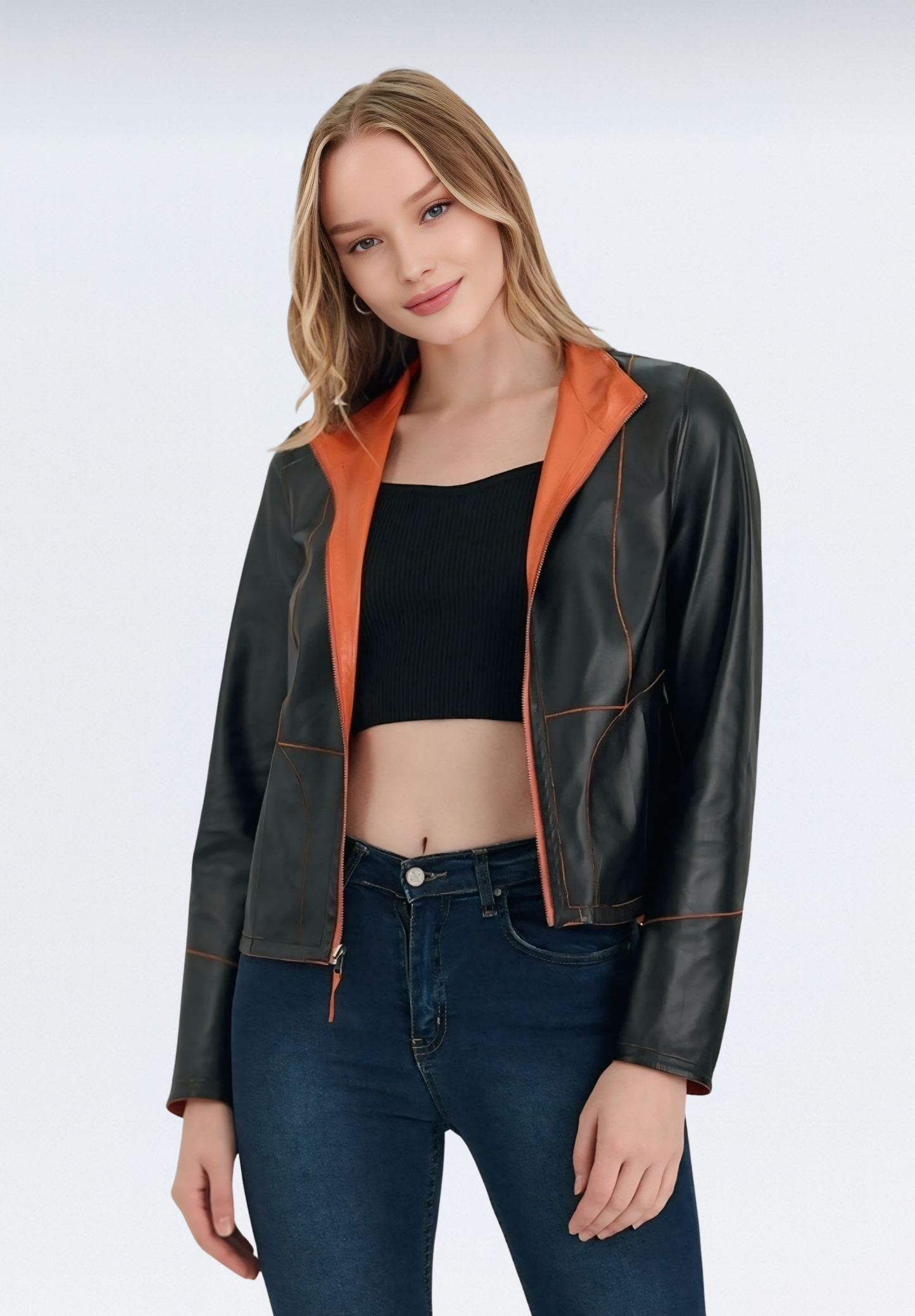 Çift Taraflı Lüks Kadın Deri Ceket | Turuncu Elfu