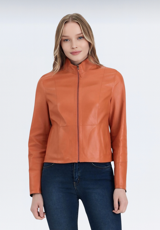 Çift Taraflı Lüks Kadın Deri Ceket | Turuncu Elfu
