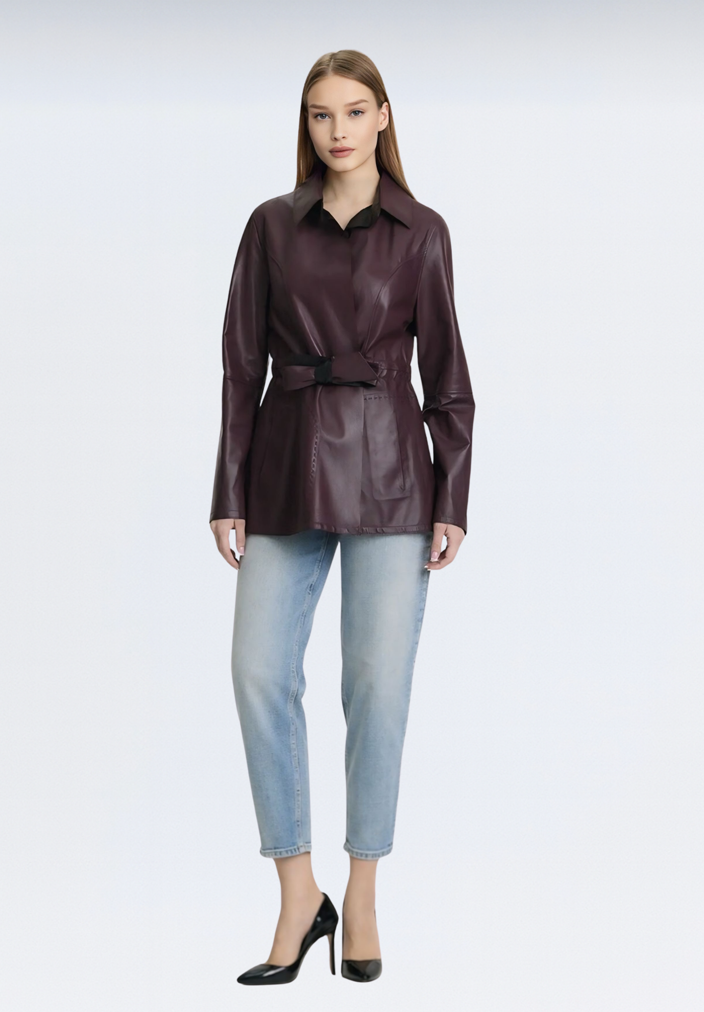 Çift Taraflı Kuşaklı Deri Trençkot | Mor