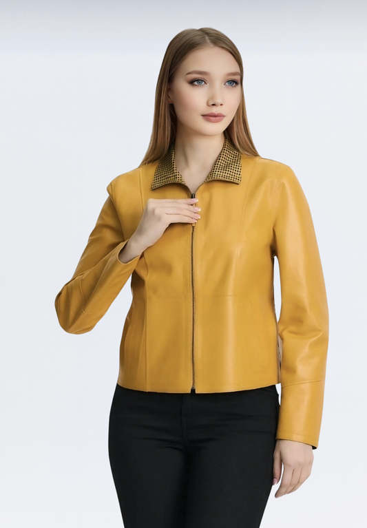 Çift Taraflı Kareli Deri Ceket | Sarı