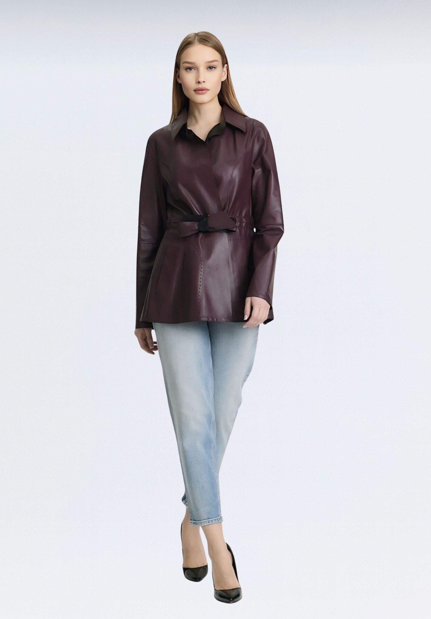 Çift Taraflı Kuşaklı Deri Trençkot | Mor