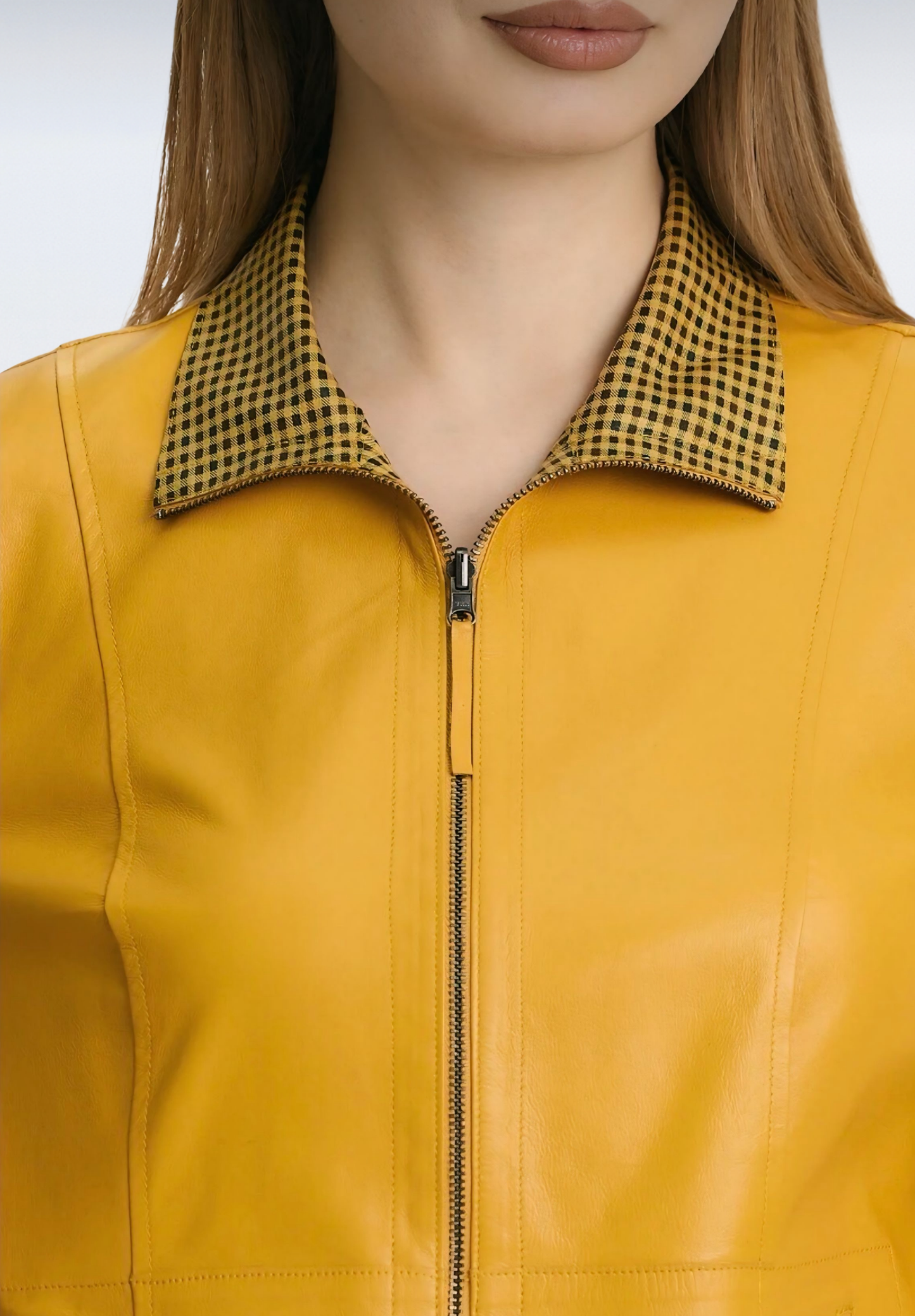 Çift Taraflı Kareli Deri Ceket | Sarı