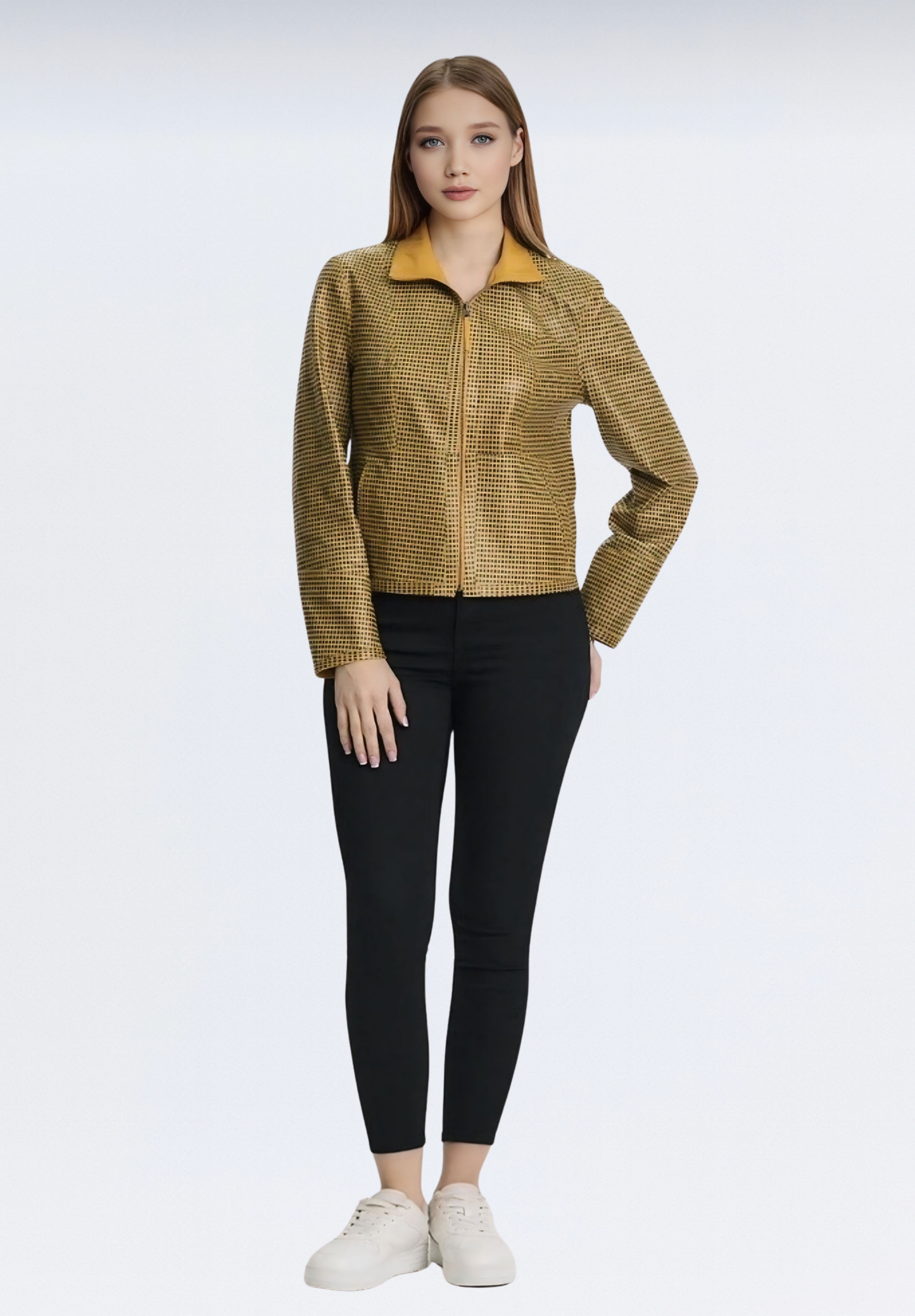 Çift Taraflı Kareli Deri Ceket | Sarı