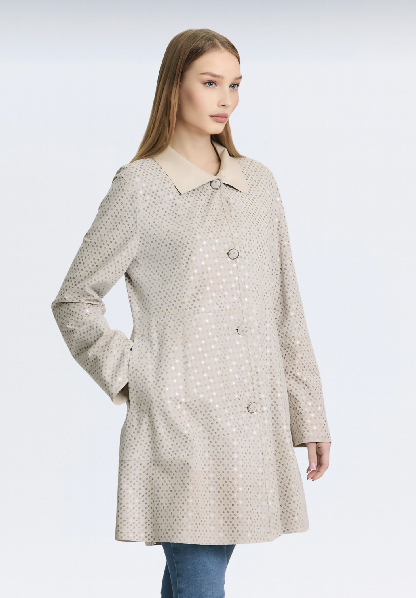 Çift Taraflı Puantiye Baskılı Kadın Trençkot