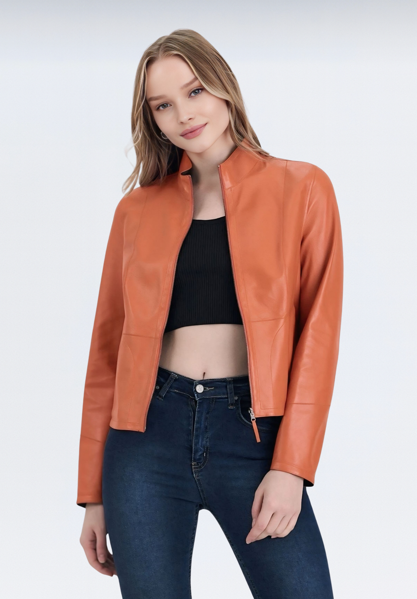 Çift Taraflı Lüks Kadın Deri Ceket | Turuncu Elfu