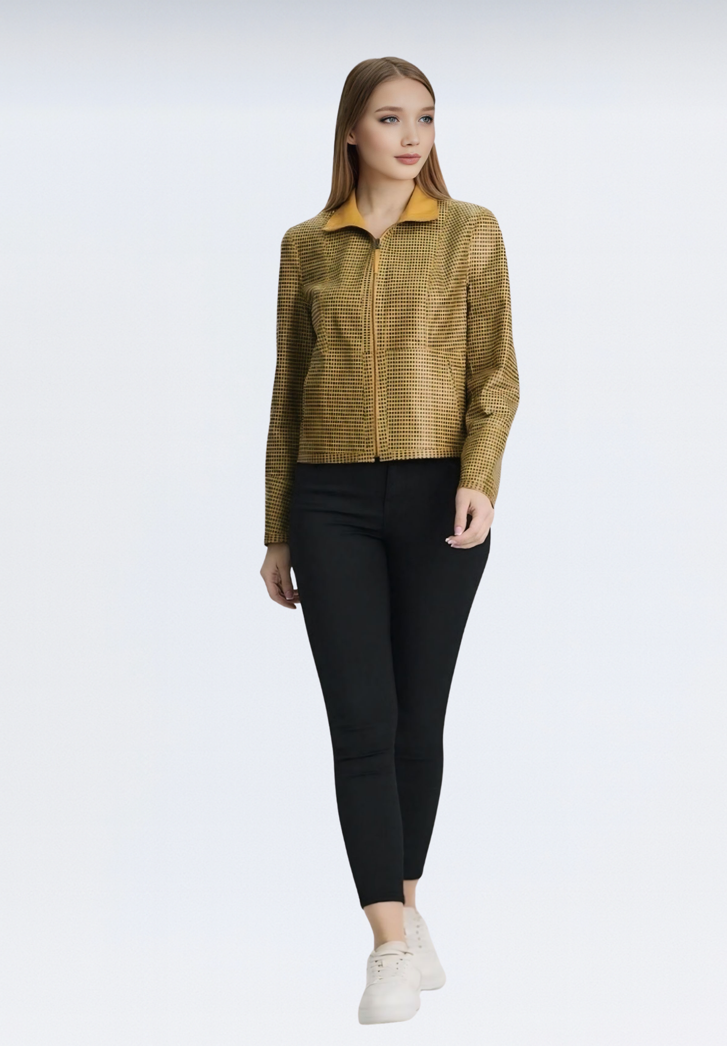 Çift Taraflı Kareli Deri Ceket | Sarı