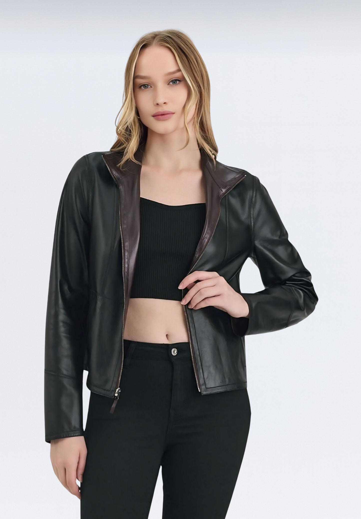 Çift Taraflı Lüks Kadın Deri Ceket | Mor Elfu