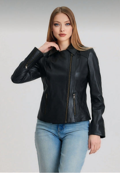 Black Lambskin Zippered Women's Jacket - Model Z