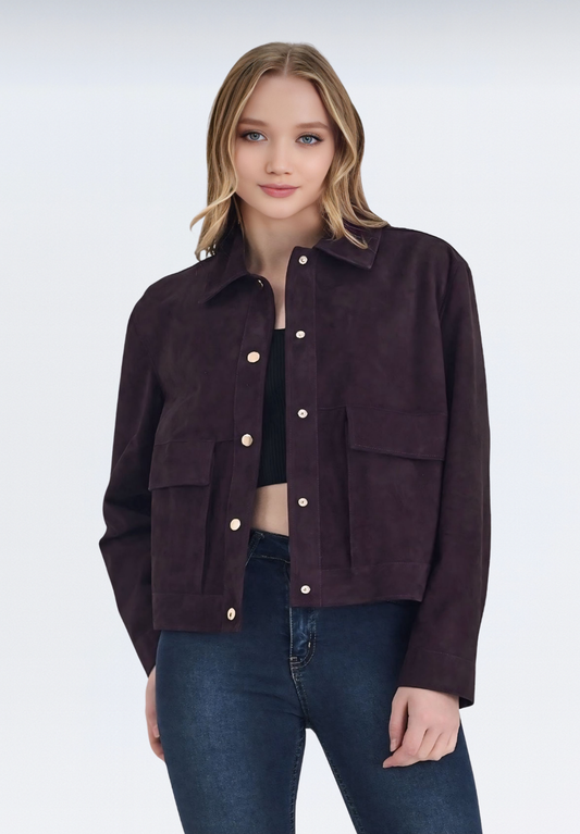 Premium Süet Kadın Deri Ceket | Mor