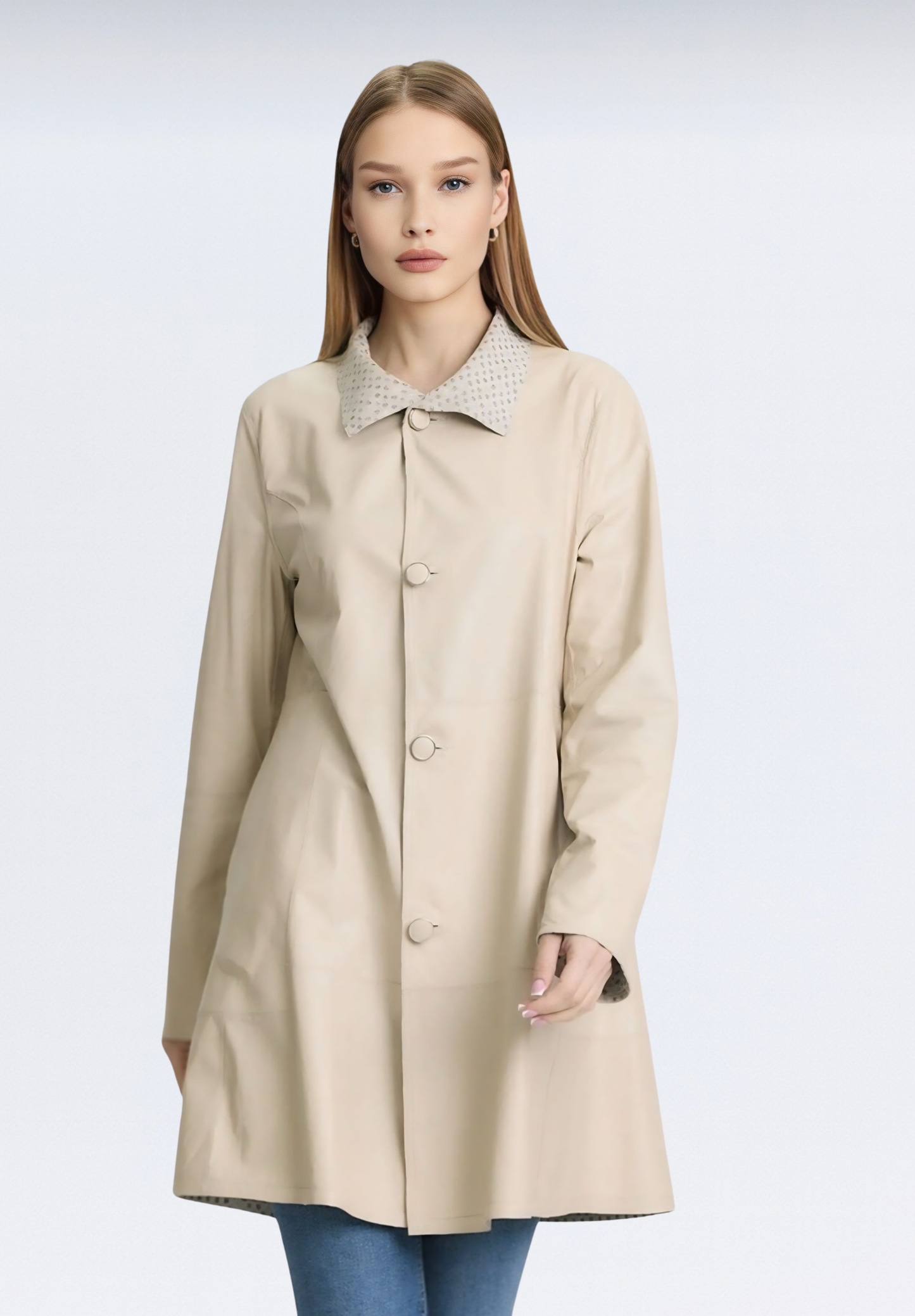 Çift Taraflı Puantiye Baskılı Kadın Trençkot