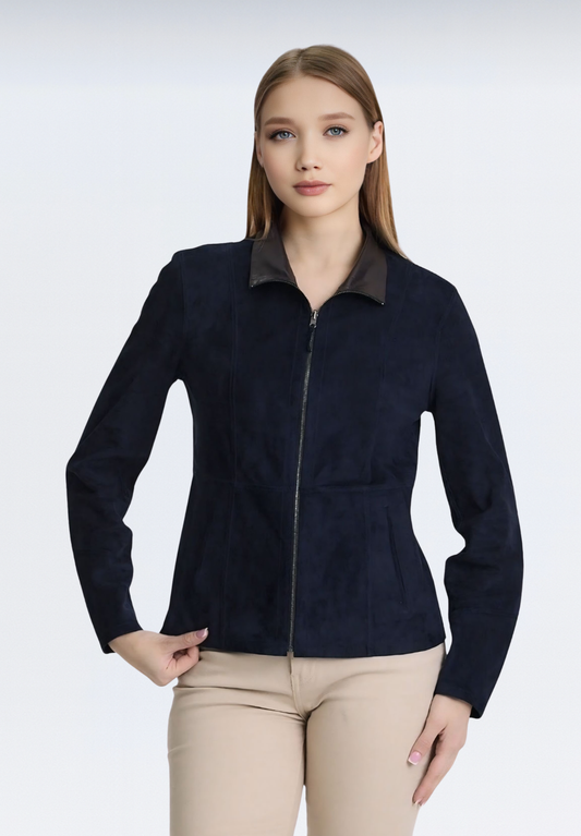 Çift Taraflı Süet Kadın Deri Ceket | Lacivert