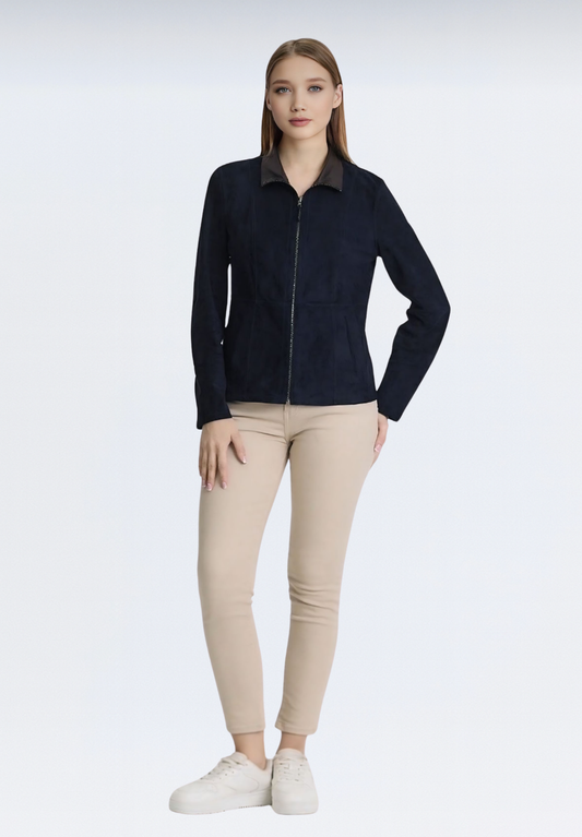 Çift Taraflı Süet Kadın Deri Ceket | Lacivert