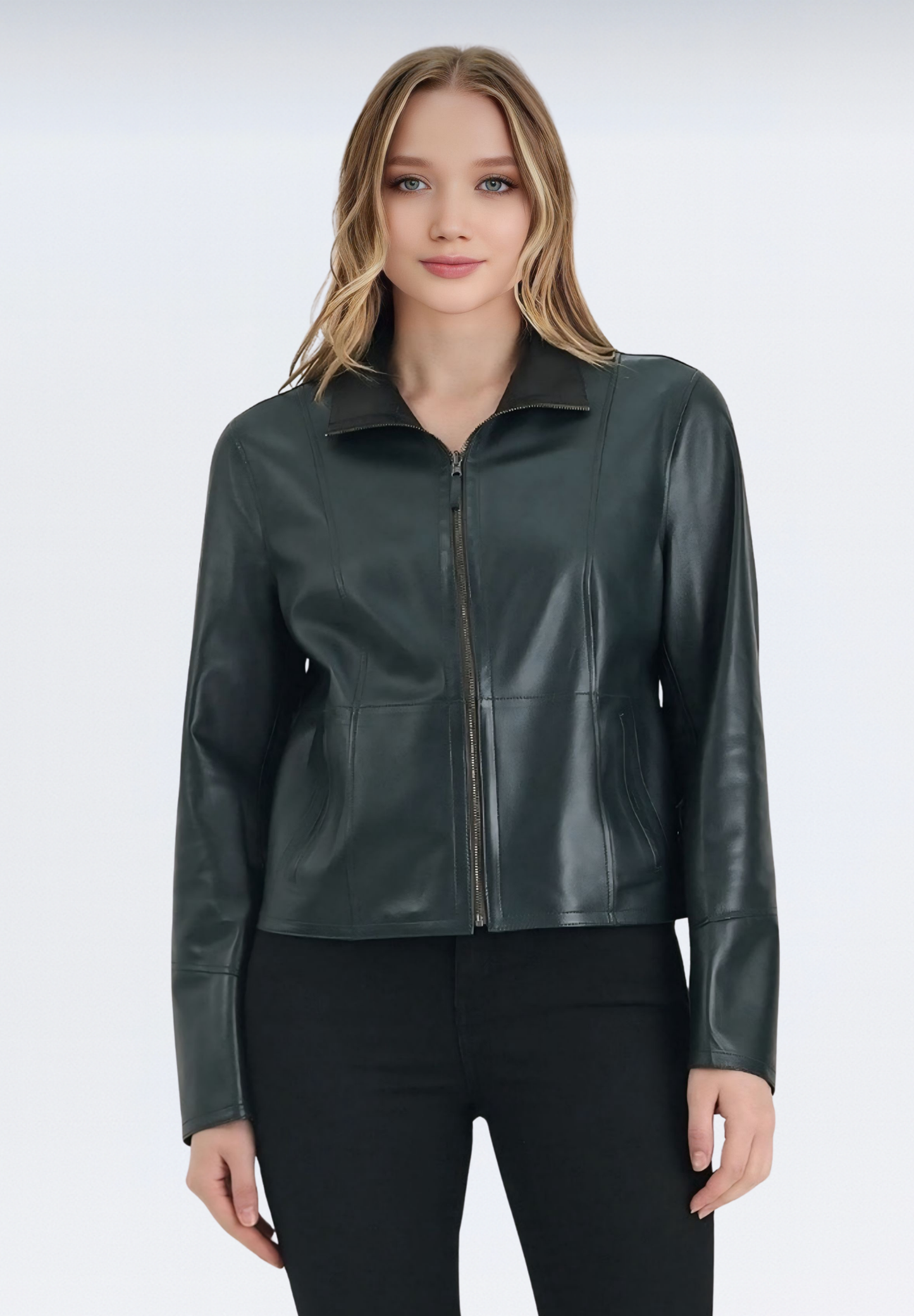 Çift Taraflı Lüks Kadın Deri Ceket | Yeşil Elfu