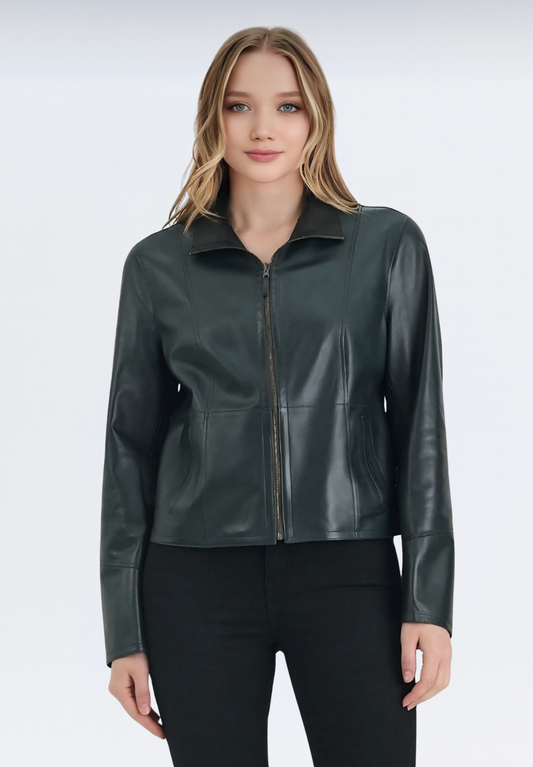 Çift Taraflı Lüks Kadın Deri Ceket | Yeşil Elfu