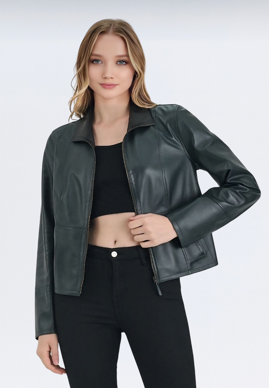Çift Taraflı Lüks Kadın Deri Ceket | Yeşil Elfu