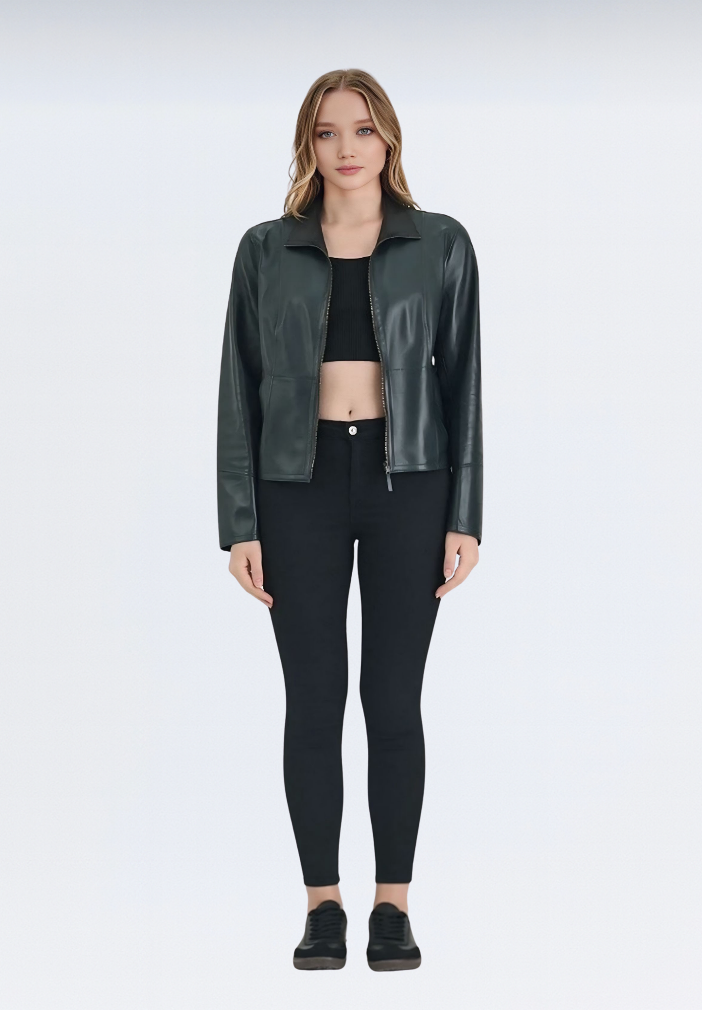 Çift Taraflı Lüks Kadın Deri Ceket | Yeşil Elfu