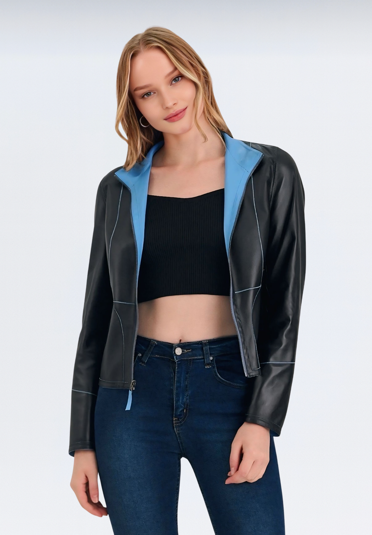 Çift Taraflı Lüks Kadın Deri Ceket | Mavi Elfu
