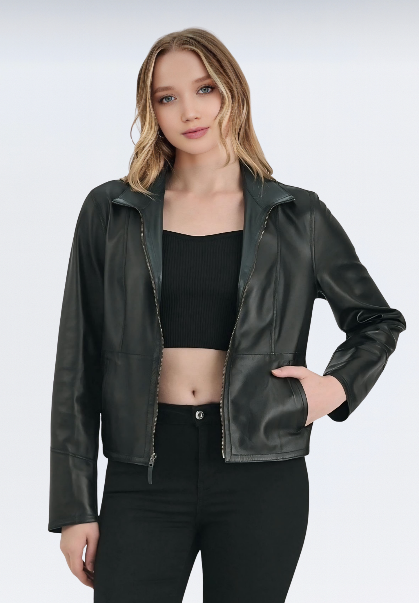 Çift Taraflı Lüks Kadın Deri Ceket | Yeşil Elfu