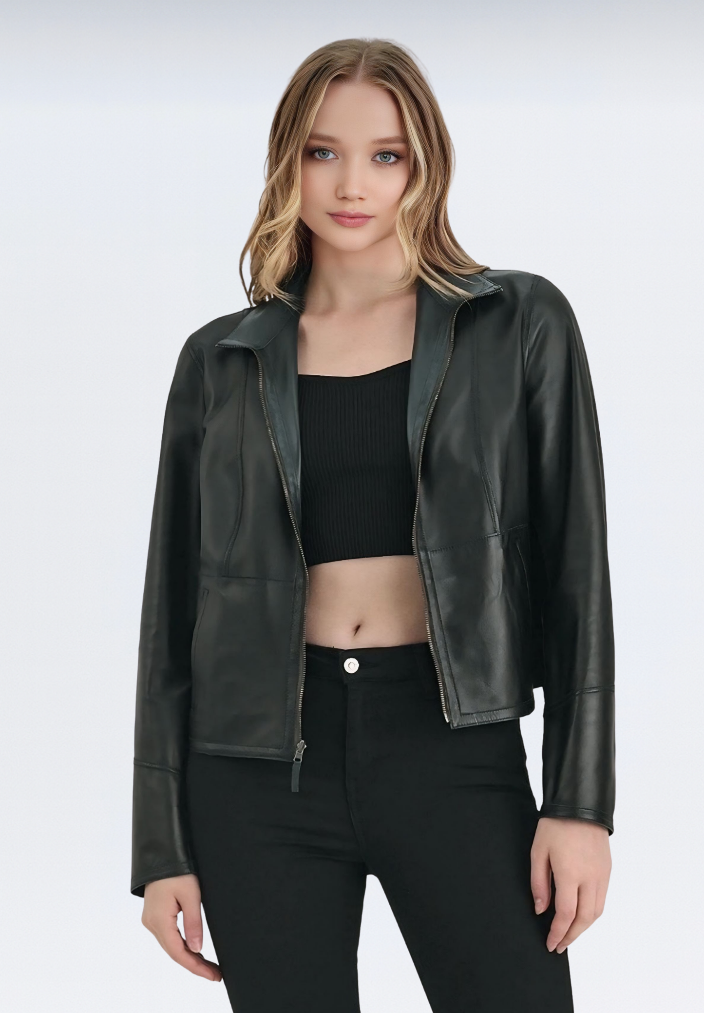 Çift Taraflı Lüks Kadın Deri Ceket | Yeşil Elfu