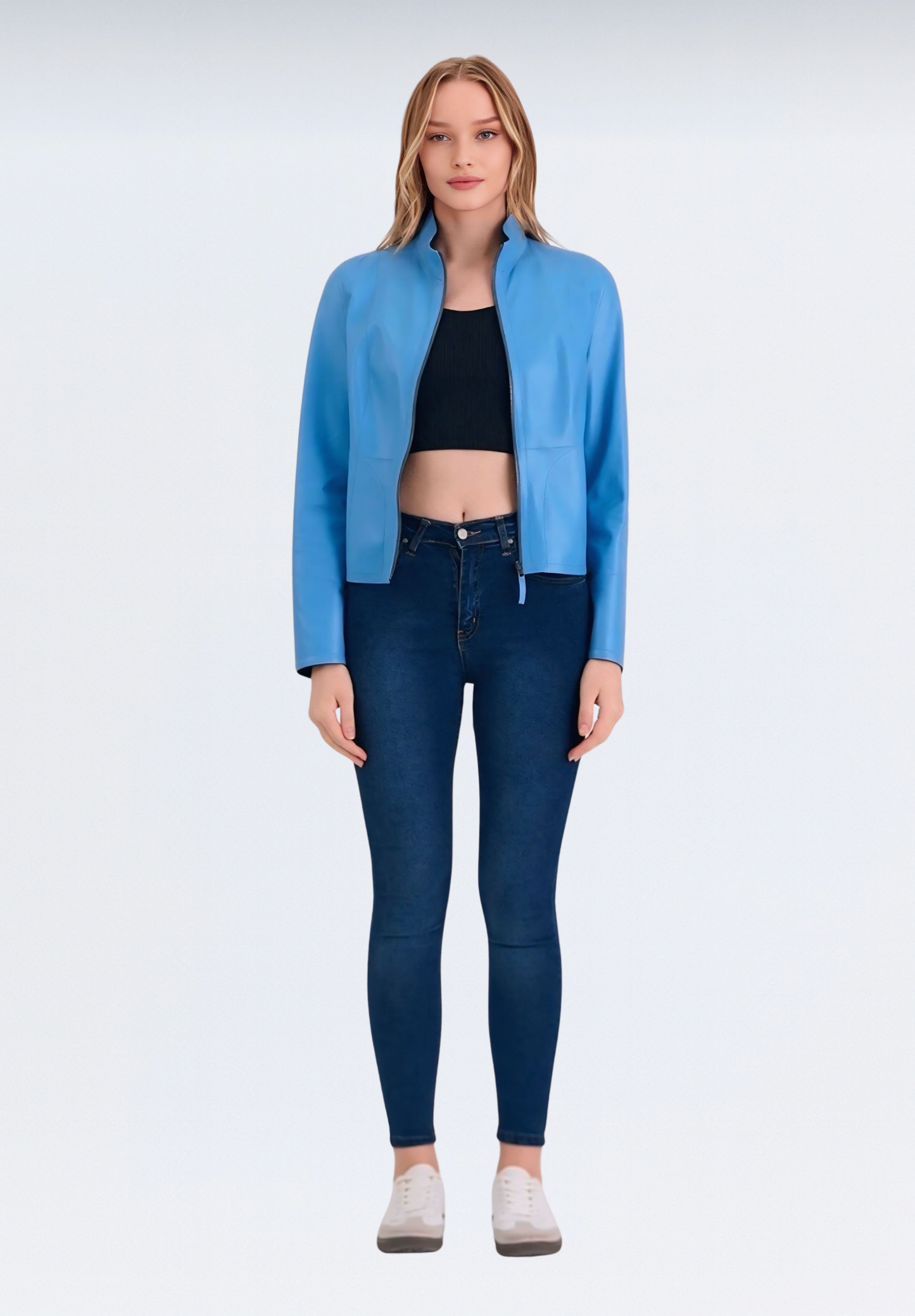 Çift Taraflı Lüks Kadın Deri Ceket | Mavi Elfu