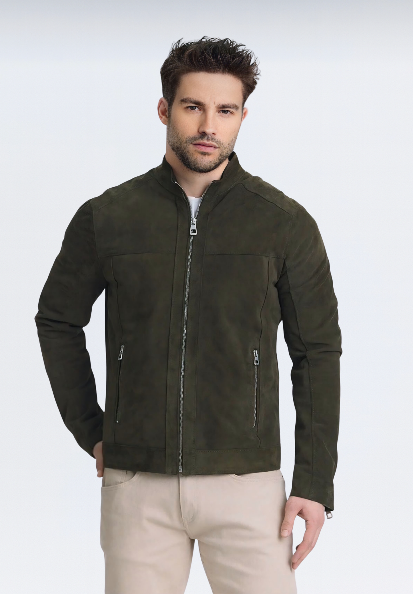 Premium Süet Erkek Deri Ceket | Haki