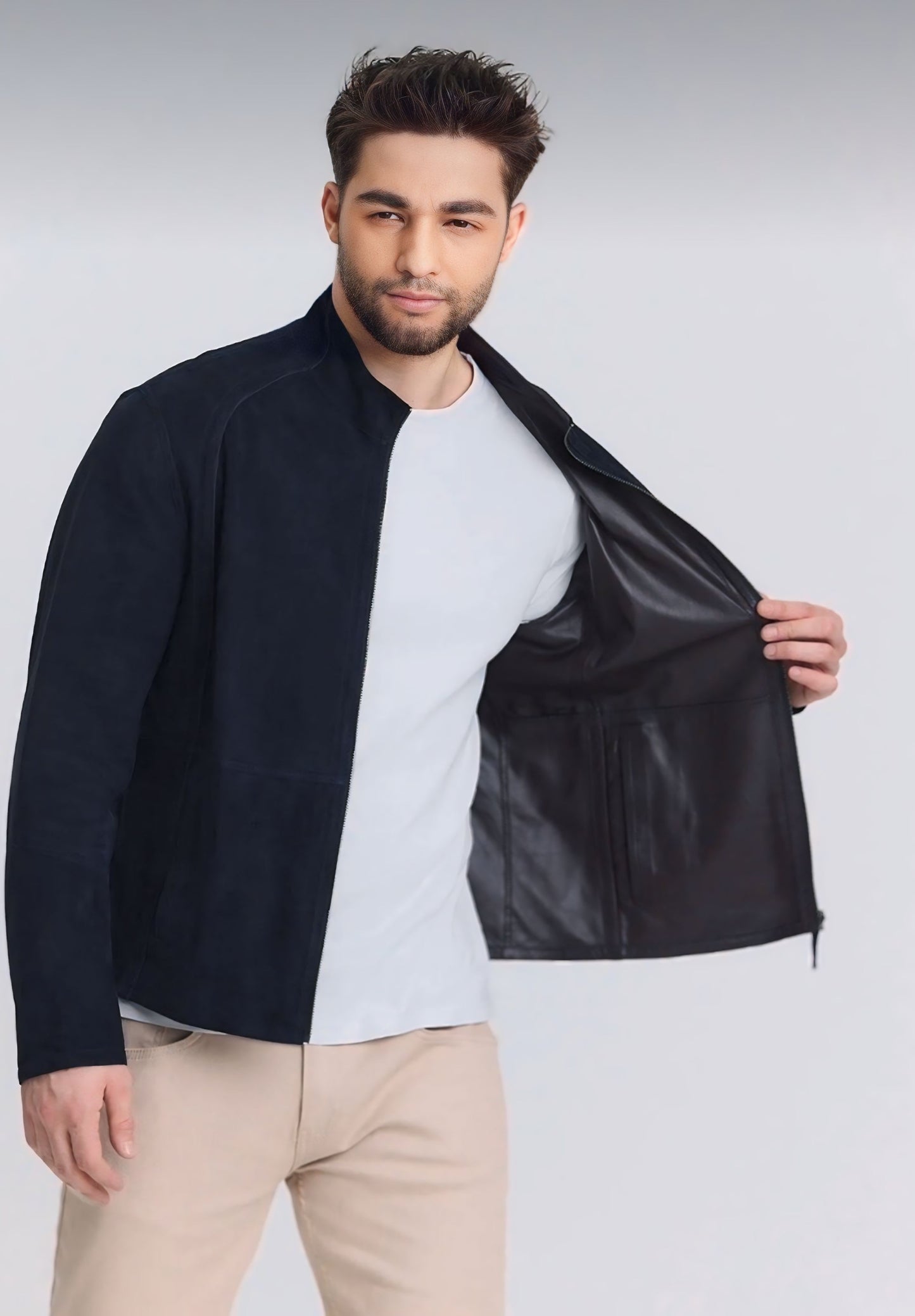 Navy Blue Goat Suede Reversible Jacket