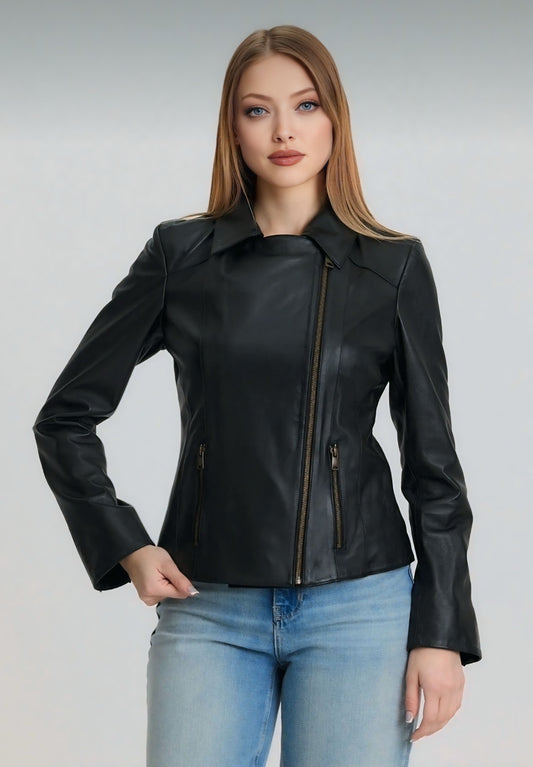 Black Lambskin Zippered Women's Jacket - Model Z
