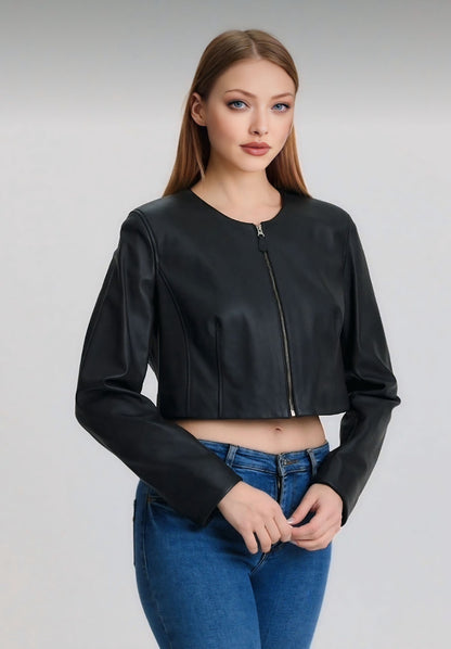 Black Lambskin Zippered Women's Jacket - Model X