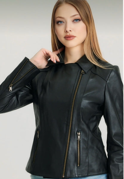 Black Lambskin Zippered Women's Jacket - Model Z