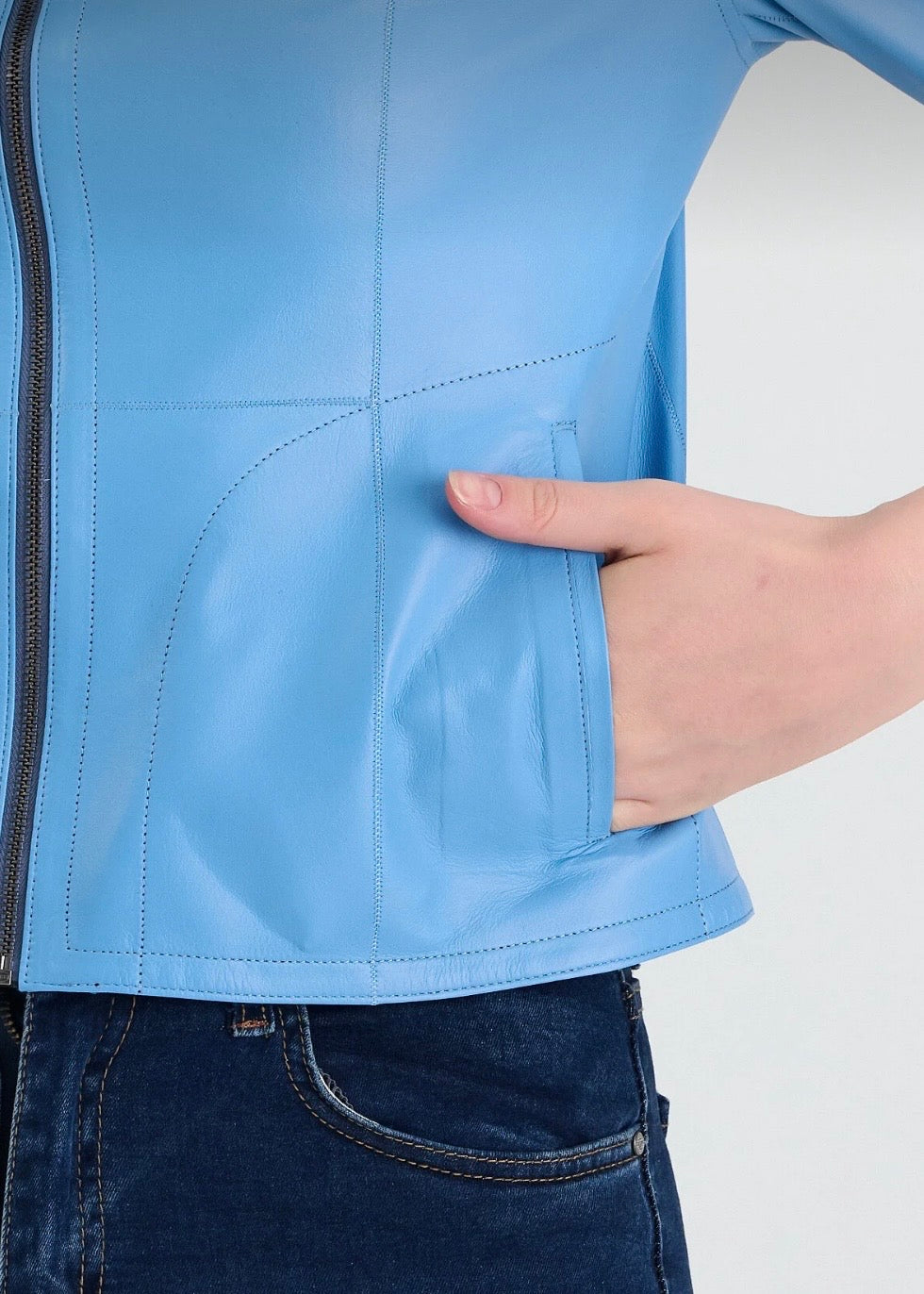 Çift Taraflı Lüks Kadın Deri Ceket | Mavi Elfu
